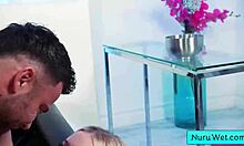 Sexy blonde teen masseuse seduced by muscular client for creampie finish