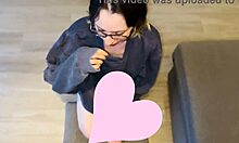 quiet nerdy brunette deepthroats monster cock with ball licking gagging sloppy face fuck!