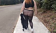 Priscila struts streets in see-through skirt no panties flashing big natural tits