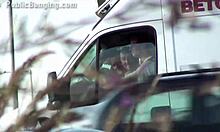 pretty petite blonde teen dives into public street threesome orgy action