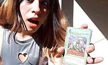 bonneyuwu teases her sexy body in cosplay outfits showing off cards outdoors