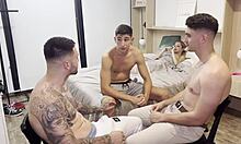 Friends' teen stepsis jumped three cocks for crazy double vag rough gangbang