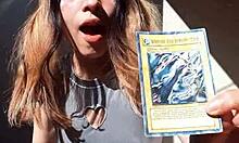 bonneyuwu teases her sexy body in cosplay outfits showing off cards outdoors