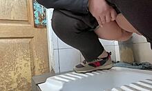 mature milf lover squats hairy wet pussy over hospital toilet to pee