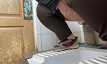 mature milf lover squats hairy wet pussy over hospital toilet to pee