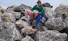 fat milf hikes skirt outdoors flashing hairy pussy smokes then pisses by riverbank