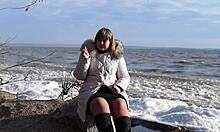 fat milf hikes skirt outdoors flashing hairy pussy smokes then pisses by riverbank