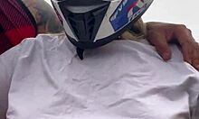 Motogirl Tanned with Big Tits Begs Passenger to Pinch Nipples While Riding Moans Wet