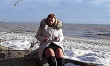 fat milf hikes skirt outdoors flashing hairy pussy smokes then pisses by riverbank