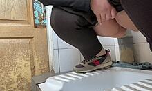 mature milf lover squats hairy wet pussy over hospital toilet to pee