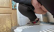 mature milf lover squats hairy wet pussy over hospital toilet to pee