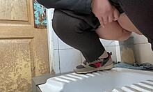 mature milf lover squats hairy wet pussy over hospital toilet to pee