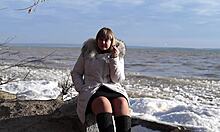 fat milf hikes skirt outdoors flashing hairy pussy smokes then pisses by riverbank