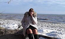 fat milf hikes skirt outdoors flashing hairy pussy smokes then pisses by riverbank