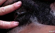 skinny ebony teen's hairy pussy takes white guy's deep interracial creampie