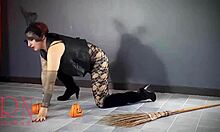 REGINA NOIR Witch Rips Yellow Pantyhose on Old Stairway!