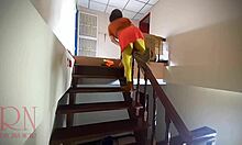 REGINA NOIR Witch Rips Yellow Pantyhose on Old Stairway!