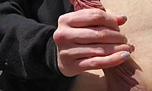 Girlfriend fingers wet shaved pussy outdoors with sneaky reach around