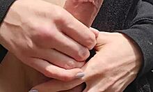 Girlfriend fingers wet shaved pussy outdoors with sneaky reach around