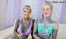 Tattooed goth sluts take double cocks in wild threesome facial gape fest