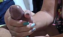 Sailor girl hotwife delivers relaxing penile massage with huge black cock handjob.