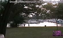 Hot tanned blonde flashes shaved pussy, rides naked in chicago car backseat