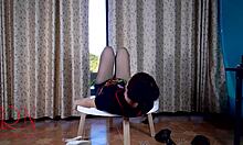 Doing my pantyhose and heels striptease right at this round table!