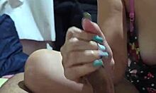 Sailor girl hotwife delivers relaxing penile massage with huge black cock handjob.