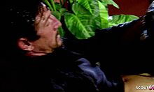 Slim tattooed teen's saggy tits bounce wildly as fat older guy pounds her tight hole