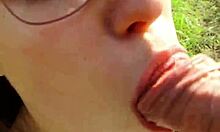 brunette babe with glasses bends over big ass for outdoor pov doggystyle blowjob creampie