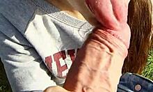 brunette babe with glasses bends over big ass for outdoor pov doggystyle blowjob creampie