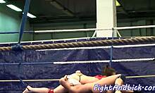 Busty lesbian babes wrestle and lick tits on floor