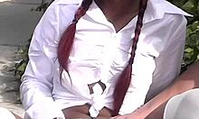 asian teen public threesome bent over for rough double penetration doggystyle