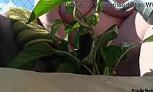 naked tattooed babe waters plants on public balcony