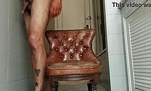 Big Dick Guy Jerks Monster Cock In Bathroom Armchair!