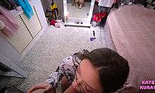 Beautiful brunette amateur kneels for double facial cumshots