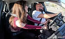 Petite German 18+ Tits Tease Daddy into Wild Car Ride Cheating Fuck