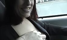 whoa busty brunette teen sucks huge cock in car blowjob!