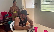 Husband in kitchen as friend bends tattooed wife over for deep pounding