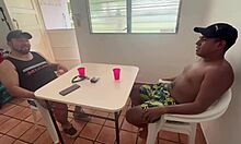 Husband in kitchen as friend bends tattooed wife over for deep pounding