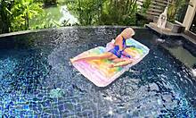 Skinny Blonde Teases Oral Poolside In Lingerie