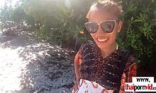 Petite thai teen's beach cherry pops on big white cock in pov