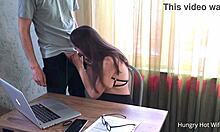 he licked her wet shaved pussy then roughly fucked boss lady on desk for job