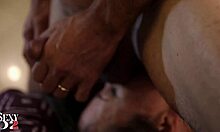 french slut in purple satin panties and leather heels rims then takes doggy blowjob?