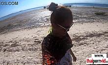 Petite thai teen's beach cherry pops on big white cock in pov