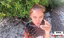 Petite thai teen's beach cherry pops on big white cock in pov