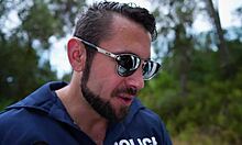 Two cops blast cumshots across brunette pornstar's pretty face and tits