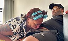 Fat granny bends over for rough anal pounding by moving helper