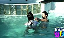 Two brunettes bare tits and asses licking to orgasm at carwash