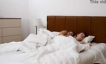 Step mom step sister cram into bed with step son for wild hotel threesome fuck fest